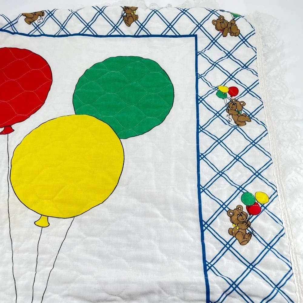 Vtg Thats Our Baby Teddy Bear Quilt & Dundee Flannel Blanket Set Balloons 2pc